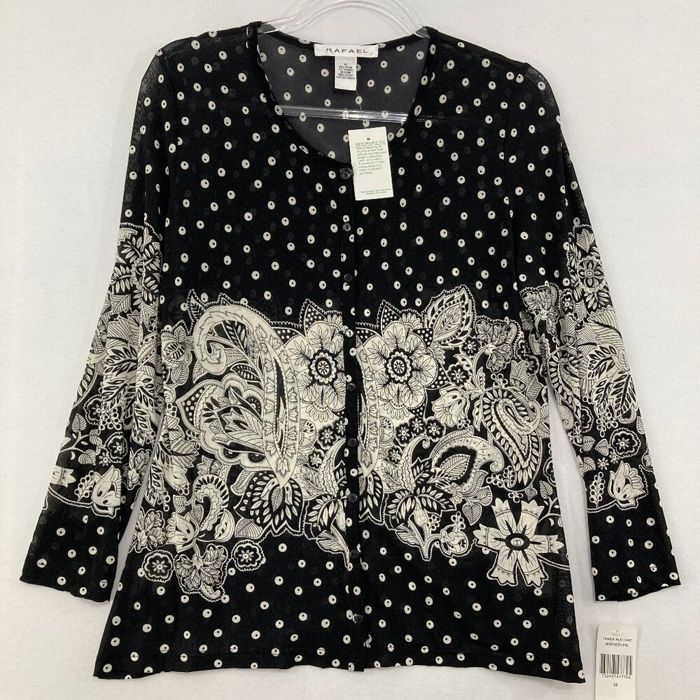NWT Vintage RAFAEL Medium Black White Floral Polka Dot Knit Button Cardigan